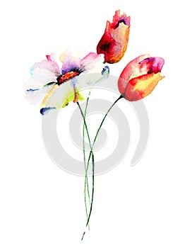 Stylized flowers watercolor illustration