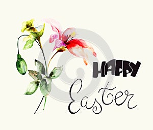 Stylized flowers watercolor illustration with title Happy Easte