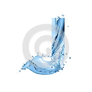 Stylized font, text made of water splashes, capital letter j, isolated on white background