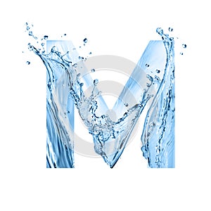 Stylized font, text made of water splashes, capital letter m, isolated on white background