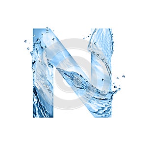 Stylized font, text made of water splashes, capital letter n, isolated on white background