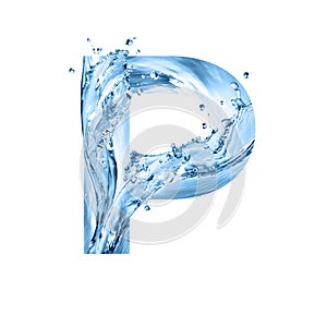 Stylized font, text made of water splashes, capital letter p, isolated on white background