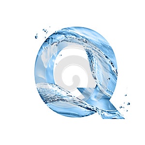 Stylized font, text made of water splashes, capital letter q, isolated on white background