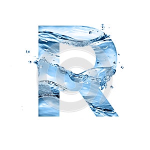 Stylized font, text made of water splashes, capital letter r, isolated on white background