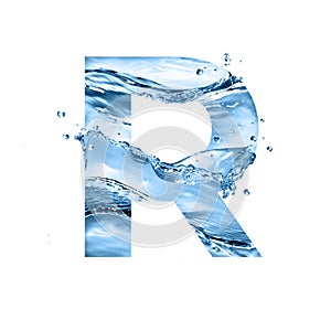 Stylized font, text made of water splashes, capital letter r, isolated on white background photo