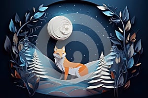 Stylized Fox in a Winter Night Paper Art Scene. Generative AI