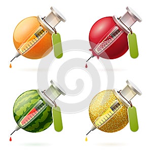 Stylized fruits and syringes