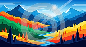 Geometric Mountain Landscape with River