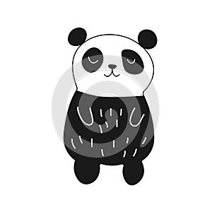 Stylized Giant panda full body drawing. Simple panda bear icon or logo design. Black and white vector illustration. EPS