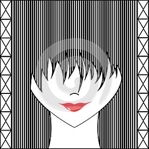 Stylized girl with face covered long bangs. Noface woman