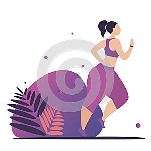 Stylized girl go in for sports. Bright violet vector isolated illustration.