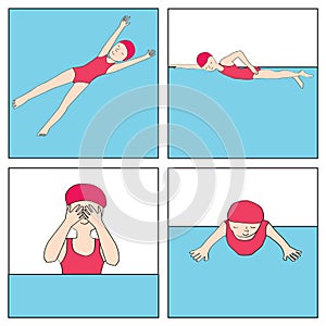 Stylized girl learning different styles of swimming, vector illustration