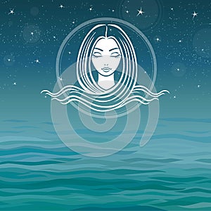 Stylized girls face with long hair on a sea background.