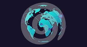 Stylized globe displaying continents in bright blue against a dark background.