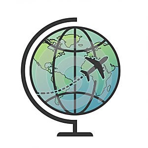 Stylized globe features continents in green on a blue background. An