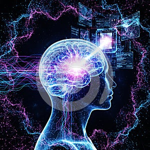 Digital Consciousness: Glowing Human Brain Processing Information with AI and Neon Data Streams.