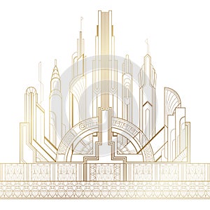 Stylized gold art deco illustration of the city on white background