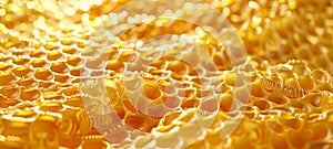 Stylized gold Honeycomb pattern with honey. Hexagonal Beeswax structure. Concept of apiculture, beekeeping, honey