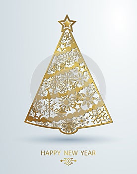 Stylized golden Christmas tree decoration made from swirl shapes. New Year design template. Vector