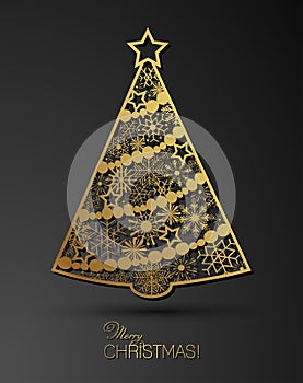 Stylized golden Christmas tree decoration made from swirl shapes. New Year design template. Vector