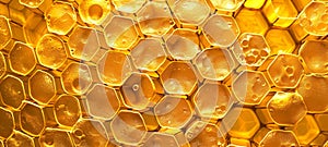 Stylized golden Honeycomb pattern with honey. Hexagonal Beeswax structure. Concept of apiculture, beekeeping, honey