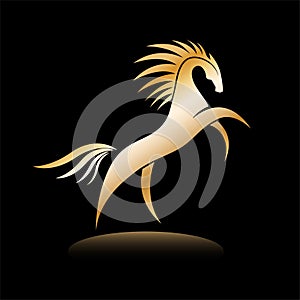 Stylized golden horse image on black background. Equine silhouette standing on its hind legs