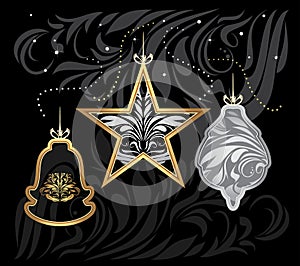 Stylized golden and silver Christmas toys on decorative black background