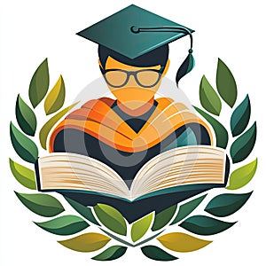 Stylized graduate silhouette with laurel wreath.
