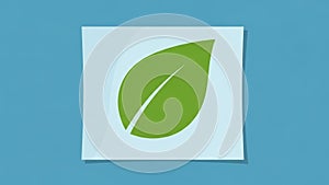 Stylized graphic of a green leaf centered on a light blue square