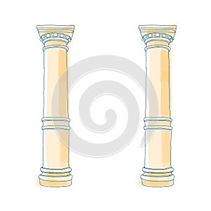 Stylized Greek doodle column Doric Ionic Corinthian columns. Vector illustration. Classical architectural support