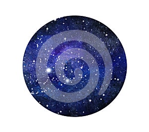 Stylized grunge galaxy or night sky with stars. Watercolor space background. Cosmos illustration in circle.