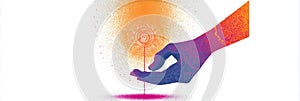 Stylized Hand Applying Sindoor to Parting With Vibrant Colors Against a Light Backdrop photo