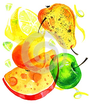 Stylized hand drawn watercolor illustration with imposition of cheese, apples, lemons and pears