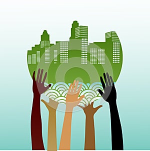 Stylized hands holding green city photo