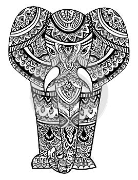 Stylized head of an elephant. Ornamental portrait of an elephant. Black and white drawing. Indian. Mandala. Vector