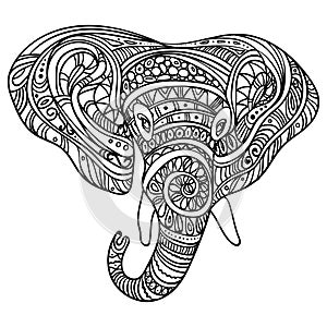 Stylized head of an elephant. Ornamental portrait of an elephant. Black and white drawing. Indian. Mandala. Vector