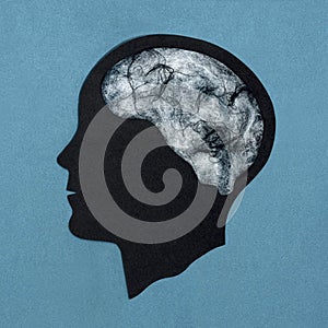 Stylized head silhouette. Web instead of brain. Symbol of gloom, depression