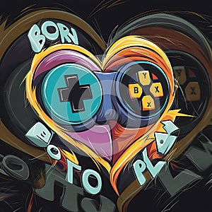 A stylized heart-shaped design features elements of a video game controller,