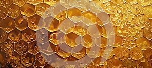 Stylized Honeycomb pattern with honey. Hexagonal Beeswax structure. Concept of apiculture, beekeeping, honey production