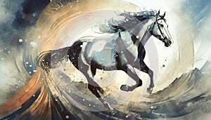 A stylized horse in a swirling vortex