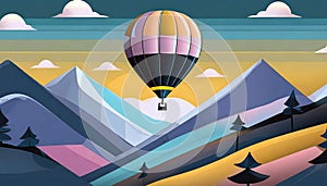 A stylized hot air balloon drifting in the mountains. The colors are pastel and muted.