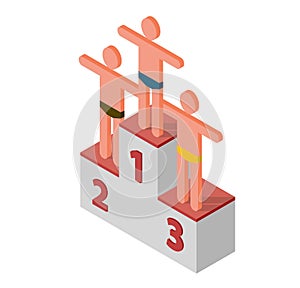 Stylized human figures on podium. Business graph, financial or personality progress, success
