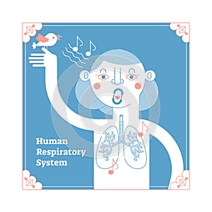 Stylized Human Respiratory System, anatomical vector illustration, conceptual decorative style poster with lungs cross section.