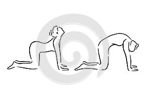 Stylized human in yoga cat pose, marjariasana . Vector illustration of lineart style. Yoga pose flat line icon, simple