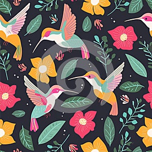 Stylized Hummingbird Floral Seamless Pattern Tile photo