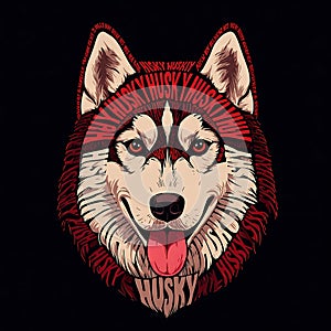 Stylized husky face illustration with text-based fur pattern. photo