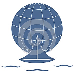 Stylized icon of a colored yacht, sailing over the waves on a globe