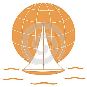 Stylized icon of a colored yacht, sailing over the waves on a globe