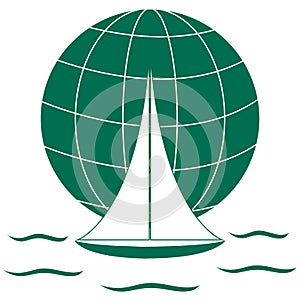 Stylized icon of a colored yacht, sailing over the waves on a globe