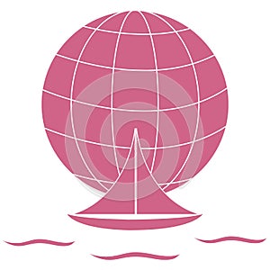 Stylized icon of a colored yacht, sailing over the waves on a globe